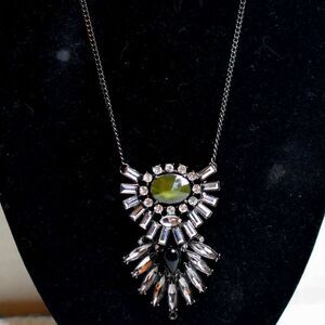 Art Deco Chunky Black/Green/Clear Rhinestone Black Link Chain Necklace